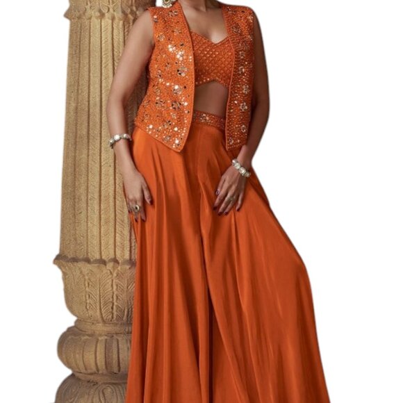 Rust Orange Party Wear Palazzo Suit with Embroidered Jacket - Picture 3 of 3